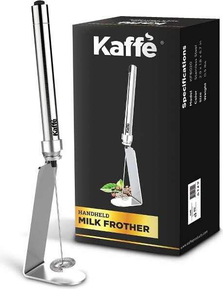 Kaffe KaffeHandheldMilkFrotherwithStand-StainlessSteel:Battery-PoweredFrotherWandforCoffee,LightSilver