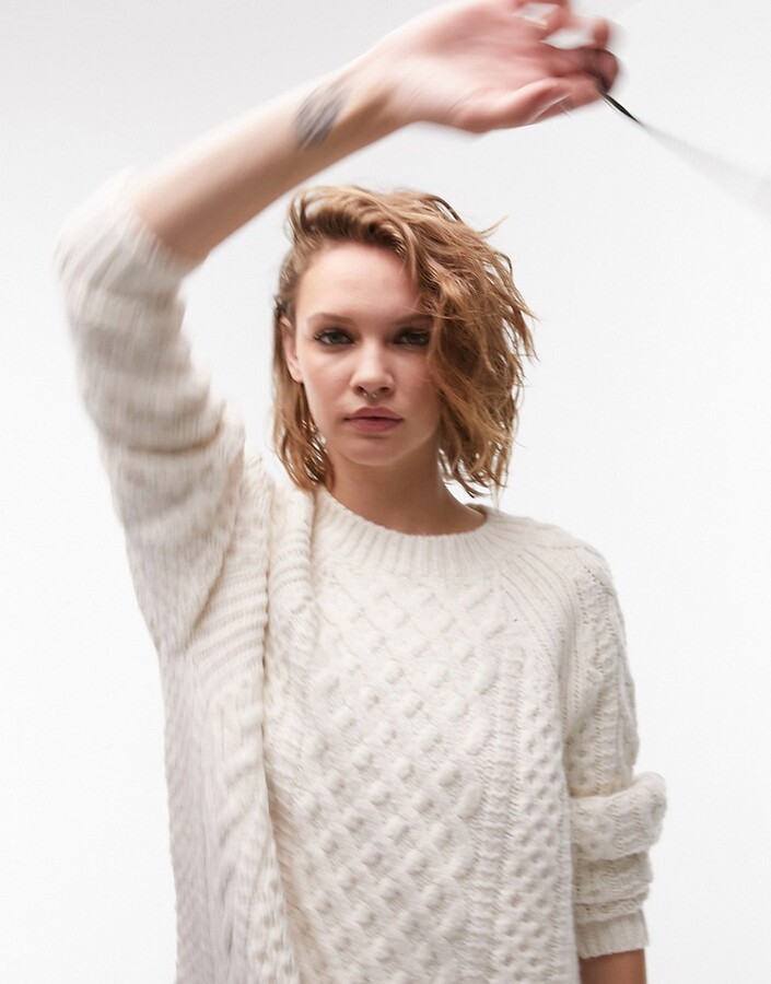 Topshop knitted oversized cable sweater in cream - ShopStyle
