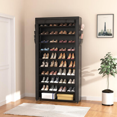 Rebrilliant 10 Tier Shoe Rack With Covers,Large Capacity Stackable Tall Shoe Shelf Storage To 50-55 Pairs Shoes And Boots Sturdy Metal Free Standing Shoe Rack Org