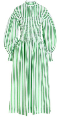Ganni Shirred Bodice Striped Midi Dress ...