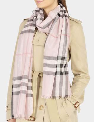 Burberry 215X70 Metallic Gauze Giant Check Scarf in Ash Rose Wool, Mulberry Silk, Lurex and Viscose