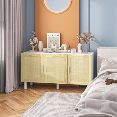 Dakota Fields Sideboard Buffet Cabinet, Kitchen Cabinet, Coffee Bar Cabinet With 3 Rattan Doors And Adjustable Shelves