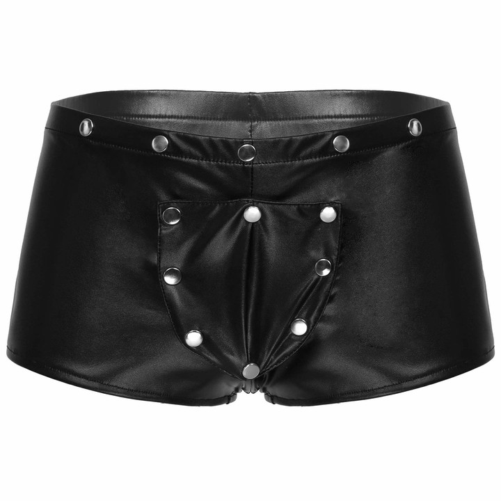Agoky Men's Leather Underwear Boxer Briefs Wet Look Sexy Open Front Bulge Pouch Underpants