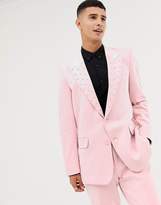 Thumbnail for your product : ASOS DESIGN slim suit jacket in pink faux suede with western embroidery