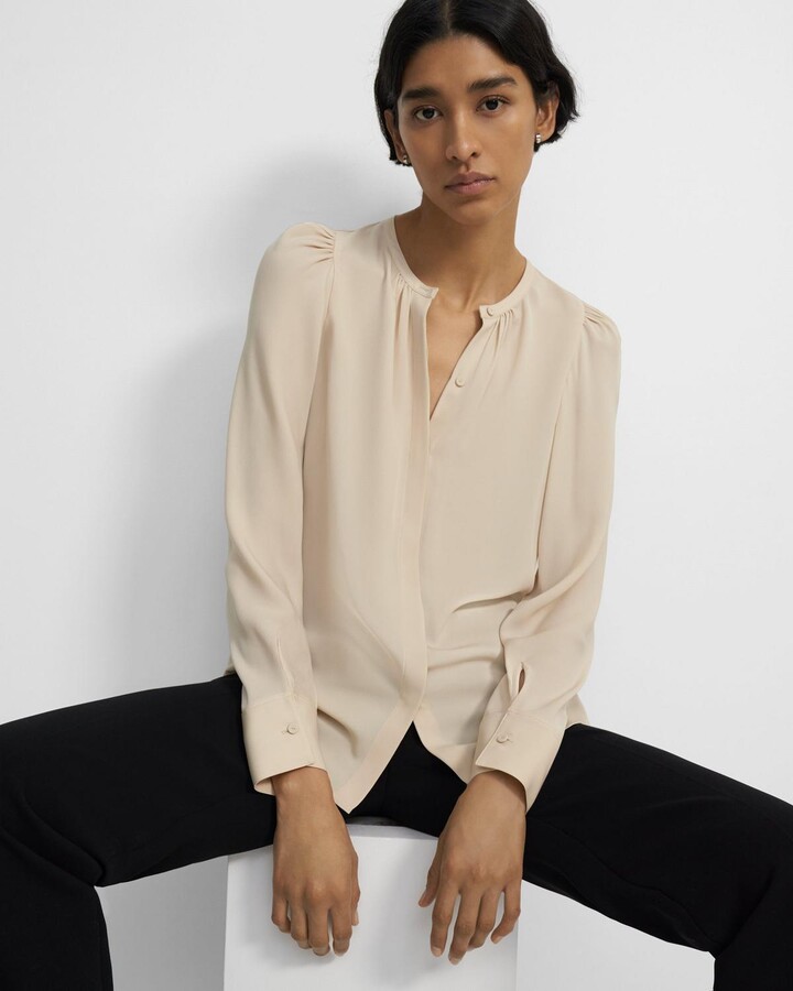 Theory Ruched Blouse in Silk Georgette - ShopStyle Long Sleeve Tops