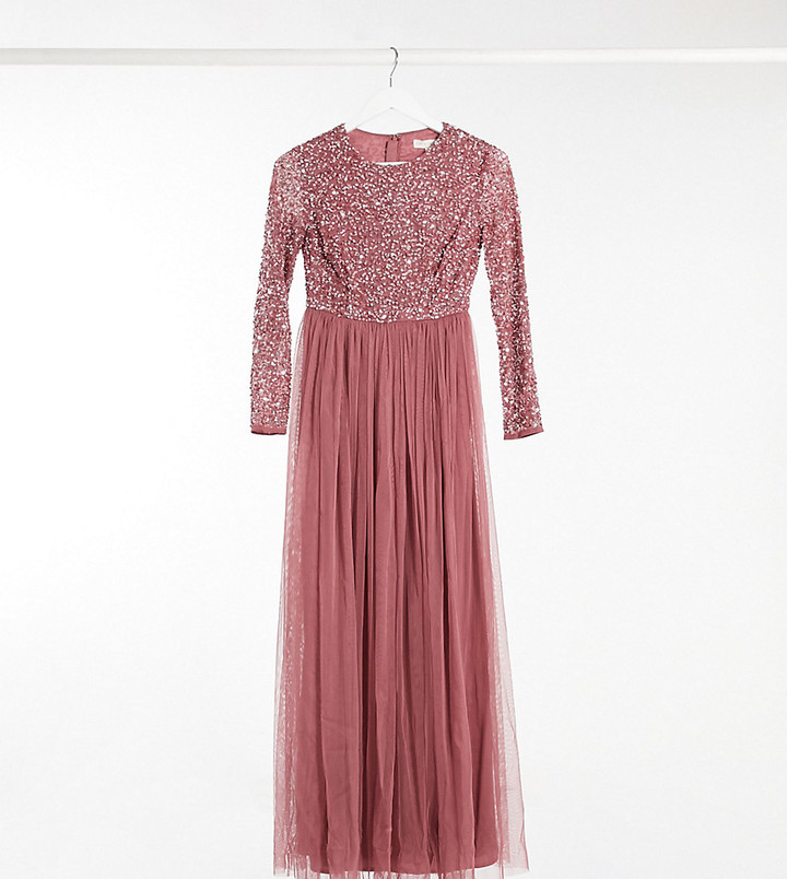 Maya Petite delicate sequin long sleeve maxi dress with tulle skirt in rose  - ShopStyle