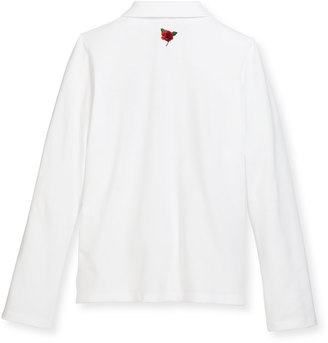 Gucci Long-Sleeve Cat-Embroidered Polo Shirt, White/Red, Size 4-12