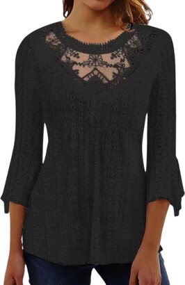 Lace Elegance: Women's Black Casual O Neck Long Sleeve Top