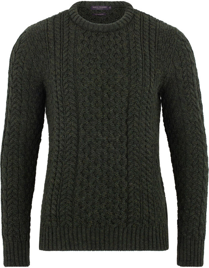 Paul James Knitwear Green Mens Fisherman's Johnson British Wool