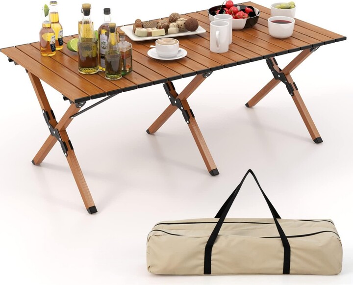 Mecale Lightweight Folding Aluminum Camping Table with Wood-Grain Top Portable
