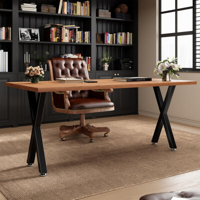 Table Legs-28Inches Height 17Inches Wide Furniture Desk Bench Dining Legs Adjustment Feet Pads X Shape Black Metal Table Legs Set Of 2