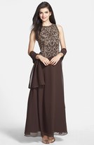 Thumbnail for your product : J Kara Embellished Bodice Chiffon Gown with Shawl