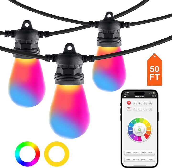 KFFKFF Multicolor Exterior Strand Lights, 50FT, Outdoor Terrace Illumination with Application Management 15 Lamps, 15 Mono-Color Modifiable Luminosity Time Configuration