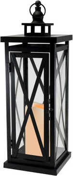 LumaBase Black Crisscross Metal Lantern with Battery Operated Candle