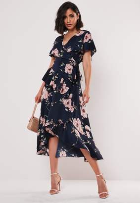 Missguided Navy Floral Ruffle Wrap Midi Dress