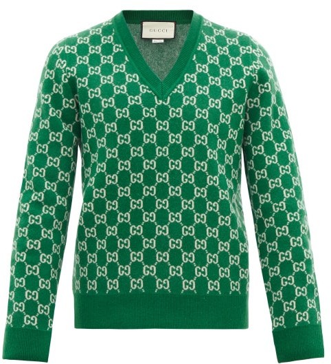 Gucci Green Men's V-neck Sweaters 