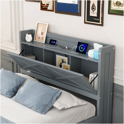 Gracie Oaks Size Wooden Bed With Storage Headboard With Outlets Extendable Bed With Size Trundle With Three Storage Drawers