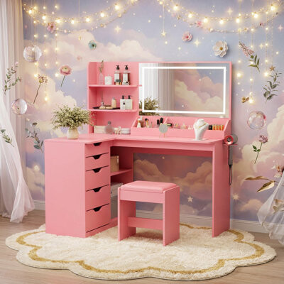 Devoko Corner Makeup Vanity Desk with Lights and Mirror, 47" L Shaped Vanity Set with Cushioned Stool& Charging Station, , 5 Drawer, Adjustable 3 Lighting Mo