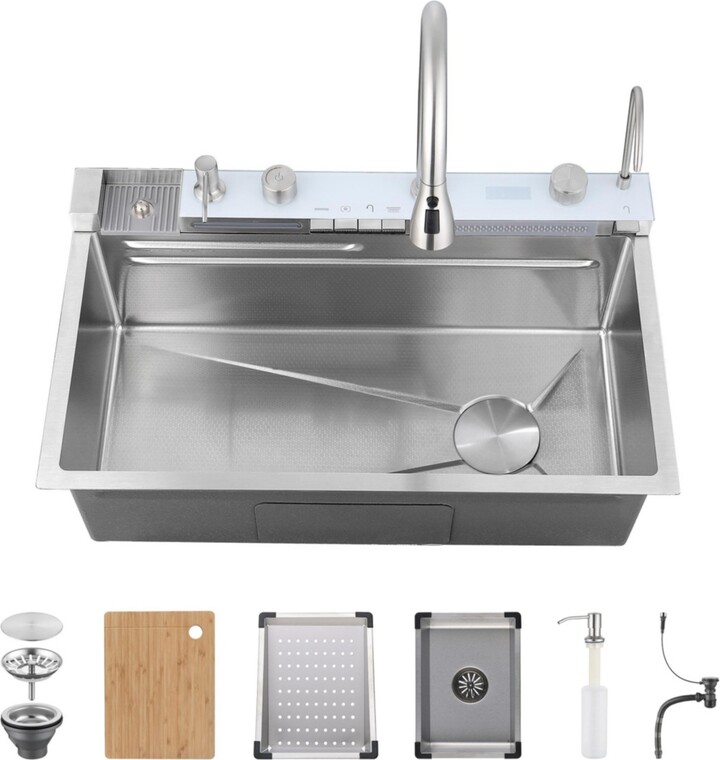 flynama Smart Waterfall Kitchen Sink Single Bowl Pull Out Faucet 304 Stainless Steel