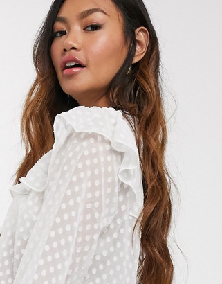 Pieces shirt with ruffle detail in white sheer polka dot