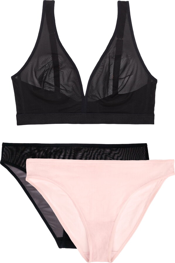 Smart & Sexy Women’s Sheer Mesh Plunge Bralette and Matching 2 Pack High Leg Brief Panty Set, SA1518