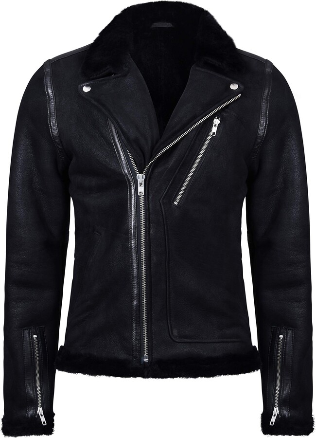 Infinity Leather Mens Black Shearling Sheepskin Leather Biker Jacket S ...