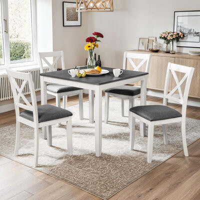 Gracie Oaks 5Pcs Elegant Rubberwood Dining Set for 4 Square Dining Table with 4 Upholstered Chairs