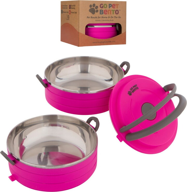 Healthy Human Travel Dog Bowls | Stainless Steel Go Pet Bento Bowl | Stackable Cat & Dog Food Bowls | Leak Proof | Set of 2 Interlocking Bowls, 2 Spare Clips, 1 Spare Handle (Pink)