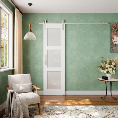 Win Stellar 3-Lite Frosted Glass And Solid Manufactured Wood With Nickel Plated Installation Hardware Kit Sliding Barn Door(No Assembly Required)