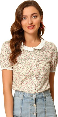 Allegra K Women's Floral Embroidered Round Neck Puff Short Sleeve Peasant  Shirt Top Beige 4 - ShopStyle