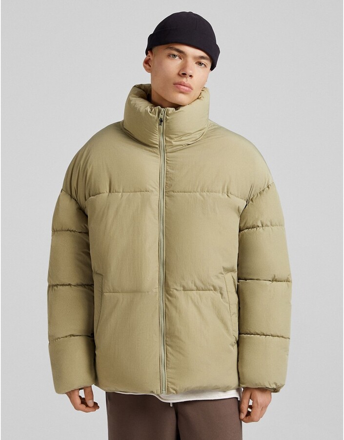 Bershka puffer jacket in khaki - ShopStyle
