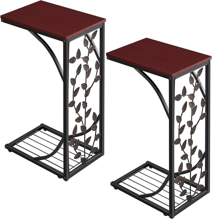 Yaheetech Cshaped Wood and Metal Leaf Pattern End Table, Set of 2
