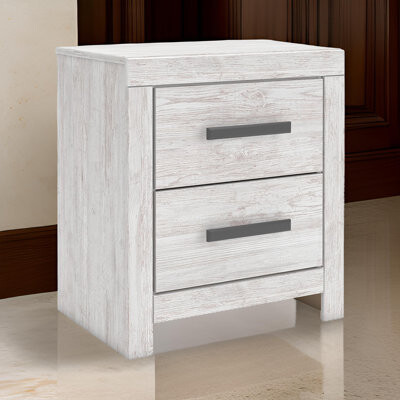 Benjara Cany Nightstand, 2 Drawers With Black Handles, Vintage Whitewash