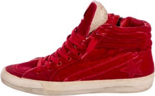Golden Goose Velvet High Top Sneakers Red Round-Toes with Distressed Accents Exposed Zip Closure at Sides Designer