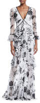 Thumbnail for your product : Marchesa Notte Flocked Lace V-Neck & Ruffle Gown