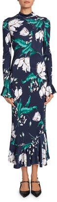 Erdem Alta Floral Bell-Sleeve Flounce-Hem Midi Dress