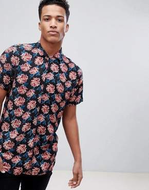 Brave Soul Short Sleeved All Over Floral Print Shirt With Revere Collar
