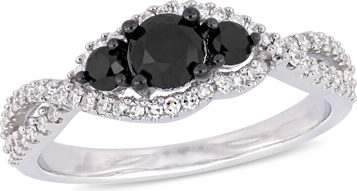 Mimi & Max 1ct TW Black White Halo 3-Stone Diamond Engagement Ring 14k White Gold