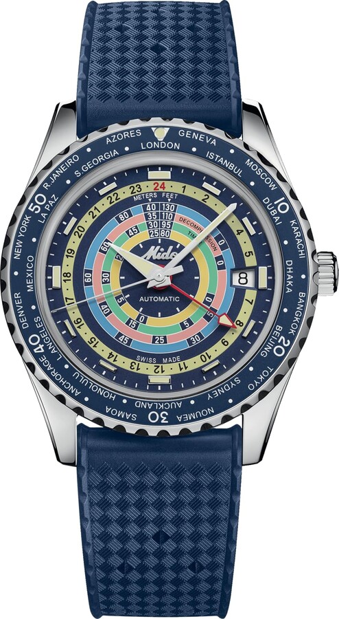 MIDO Ocean Star Decompression Worldtimer - Swiss Automatic GMT Watch for Men - Blue Dial - Stainless Steel 40.5mm Case - M0268291704100