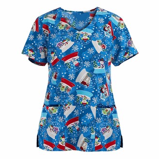 CUTUDU Tunic Tops Women's Holiday V Neck Shirts Christmas Printed Blouses Short Sleeve Ladies Scrub Working Thanksgiving Healthcare Uniform Xmas Shirts (Navy-B XXL)