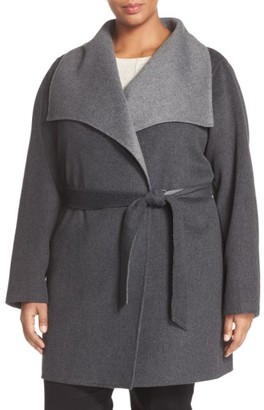 Tahari Plus Size Women's 'Ella' Belted Two-Tone Wool Blend Wrap Coat