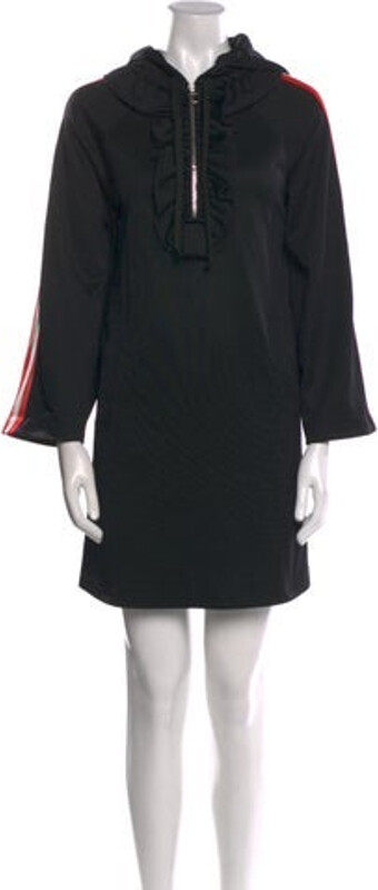 Gucci Shift Dress By Alessandro Michele Black Intrecciato Weave Ruffle Embellishment Three-Quarter Sleeve with V-Neck Exposed Zip Closure at Front Designer