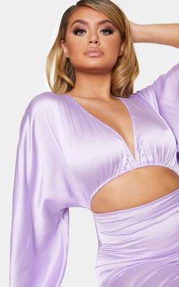 PrettyLittleThing Lilac Satin Cut Out Flare Sleeve Midi Dress