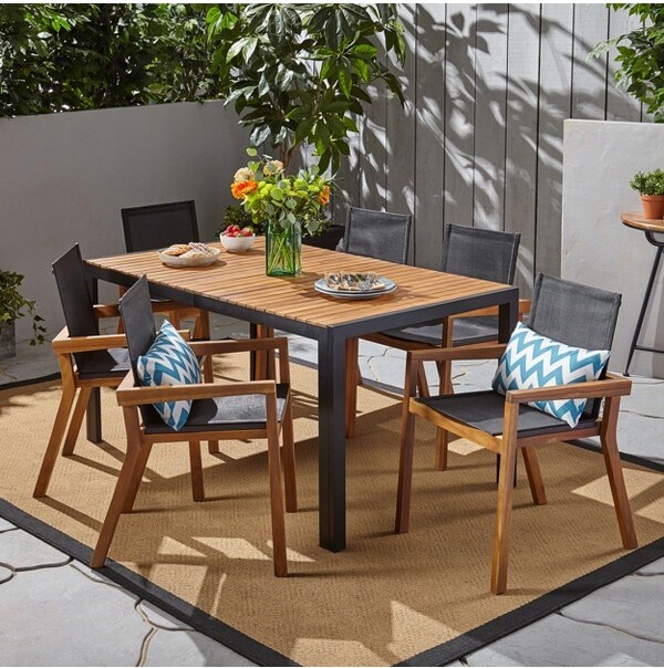 Christopher Knight Home ChristopherKnightHomeLemyraOutdoorMeshandAcaciaWood7PieceDiningSet,Teak/Black