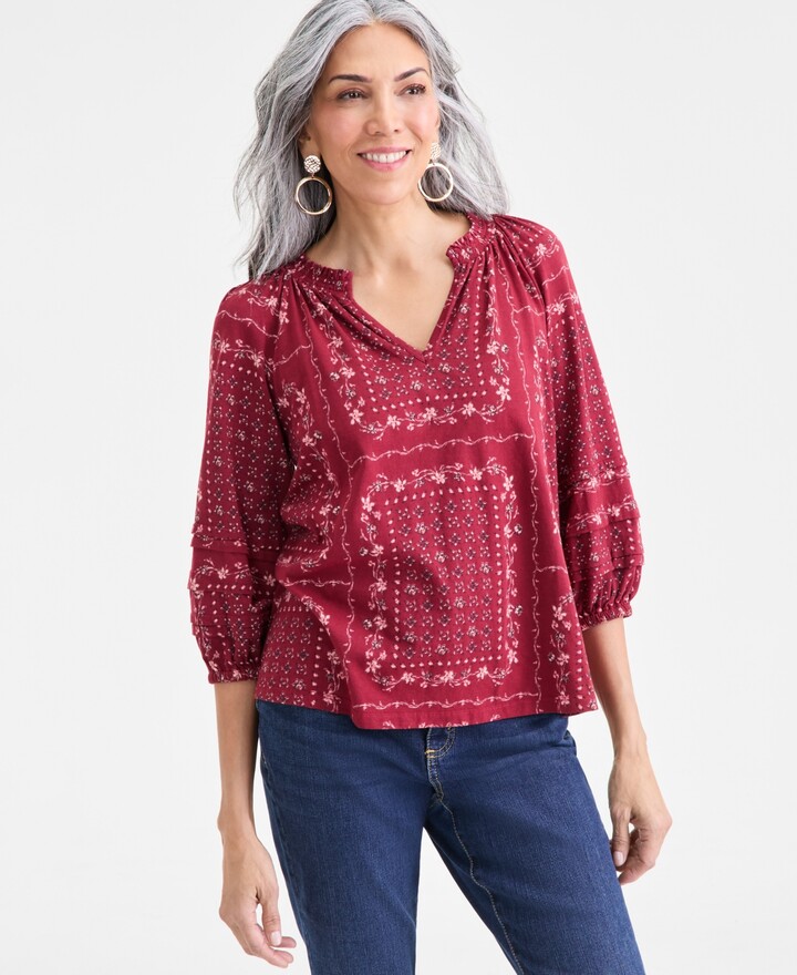 Style&Co. Style & Co Women's Printed Split-Neck Smocked Knit Top, Macy's Exclusive