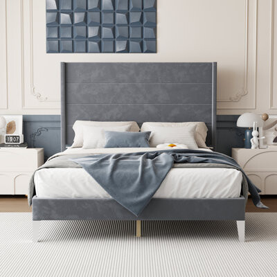 Latitude Run Modern Upholstered Platform Bed Frame With Tall Padded Headboard, Polyester Fabric, MDF Slats, Queen Size