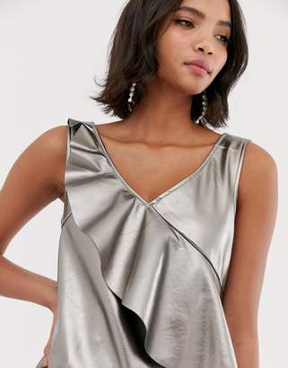 Vila metallic mini shift dress in grey with frill detail