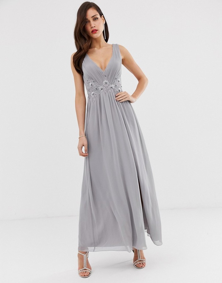Little Mistress tulle maxi dress with side split and lace detail - ShopStyle