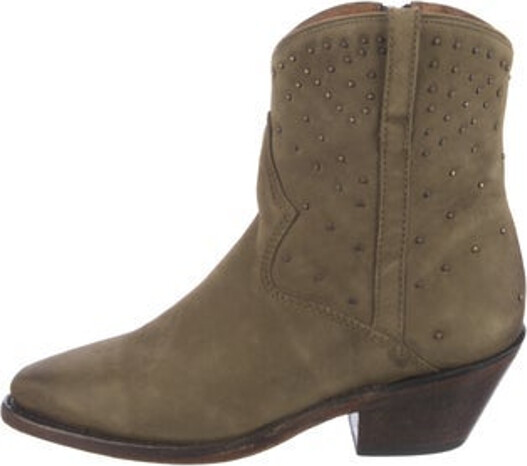 Lucchese Suede Mid-Calf Western Boots Green Studded & Distressed Accents Semi-Pointed Toes Exposed Zip Closure at Sides Includes Dust Bag Designer