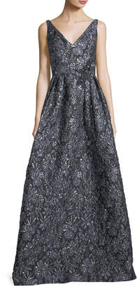 Theia Sleeveless V-Neck Metallic Floral-Jacquard Evening Gown